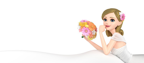3D illustration character - The pretty bride who has a bouquet.
