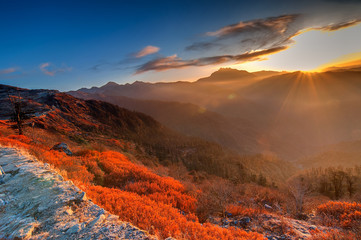 Naklejka premium Chilly winter sunrise at Lunhgthang, Sikkim, West Bengal, India