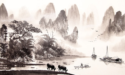 Chinese landscape watercolor painting - 109279607