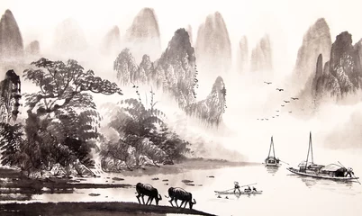Foto op Aluminium Slaapkamer Chinese landschapswaterverfschilderij