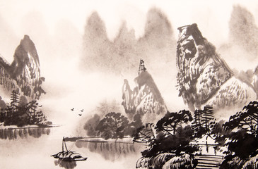 Chinese landscape watercolor painting