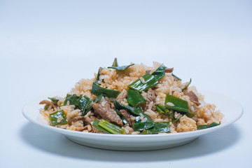 White rice with green vegetables and meat