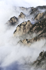 Beautiful view of Huanshan mountain in the mist. 