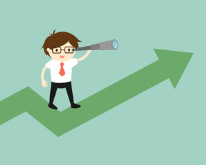 Business concept, Businessman is using his telescope while standing on the up chart. Vector illustration.