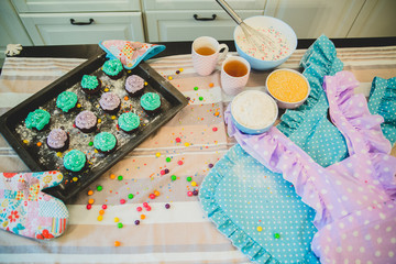colorful cupcakes for Breakfast are on the table