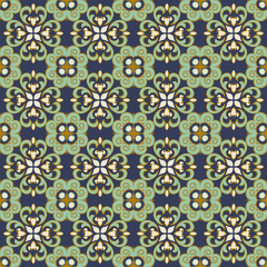 Seamless background image of vintage green blue spiral cross kaleidoscope