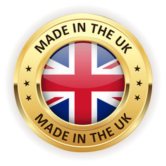 Made in the uk button with gold border on white background