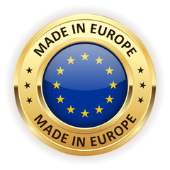 Made in europe button with gold border on white background