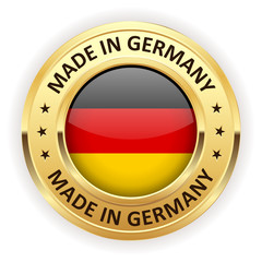 Made in germany button with gold border on white background