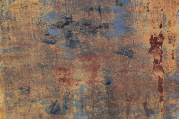 Abstract corroded colorful wallpaper grunge background. Iron rusty artistic wall peeling paint