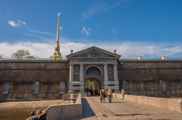 View of the marina and the Commandant Neva gates. Peter and Paul Fortress, St. Petersburg, Russia
