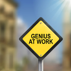 3d illustration yellow road sign of genius at work