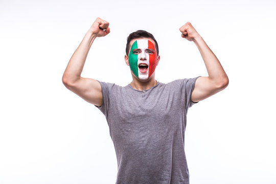 Victory, happy and goal scream emotions of Italian football fan in game support of Italy national team on white background. European football fans concept.