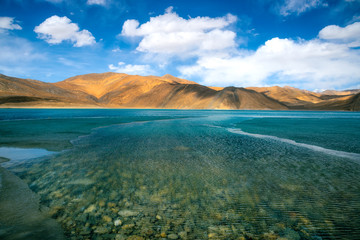 Fototapeta na wymiar Bright color of Pangong lake, Leh Ladakh, India 