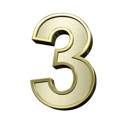One digit from brushed gold with shiny frame alphabet set, isolated on white. 3D illustration.