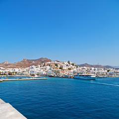 Fototapeta na wymiar old history in cyclades island harbor and boat santorini naksos