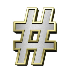 Number mark from brushed silver with shiny gold frame alphabet set, isolated on white. 3D illustration.