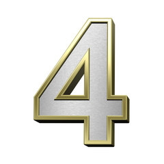 One digit from brushed silver with shiny gold frame alphabet set, isolated on white. 3D illustration.