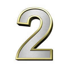 Naklejka premium One digit from brushed silver with shiny gold frame alphabet set, isolated on white. 3D illustration.