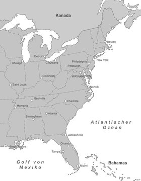 Ostküste der USA - Städte (Grau)