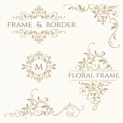 Set of decorative  borders and monograms. Template signage, labe