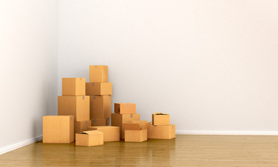 Cardboard boxes in empty room. The concept of moving. 3d  illust
