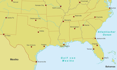 Südküste der USA - Städte (Orange)