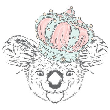 Koala in the crown. Vector illustration. King. Print for clothes, cards or posters.