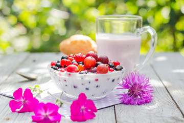 Breakfast garden fruits currants gooseberries buttermilk