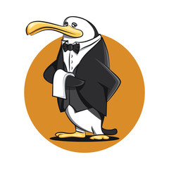 Funny Butler Waiter Penguin Cartoon in Uniform Vector