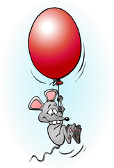 Mouse flying with a balloon cartoon illustration vector drawing