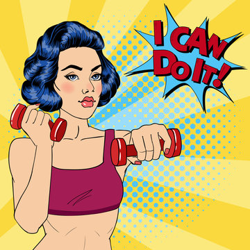 Woman with Dumbbells. Bubble I Can Do It. Fitness Girl. Pop Art