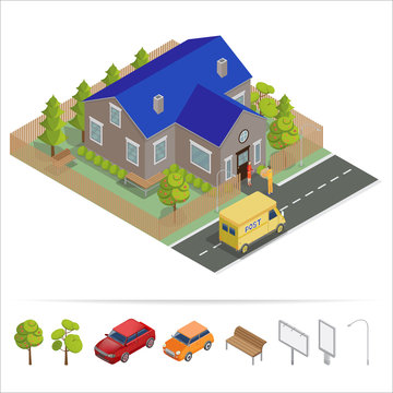 Postal Service. Isometric House. Delivery Truck. Delivery Man. 