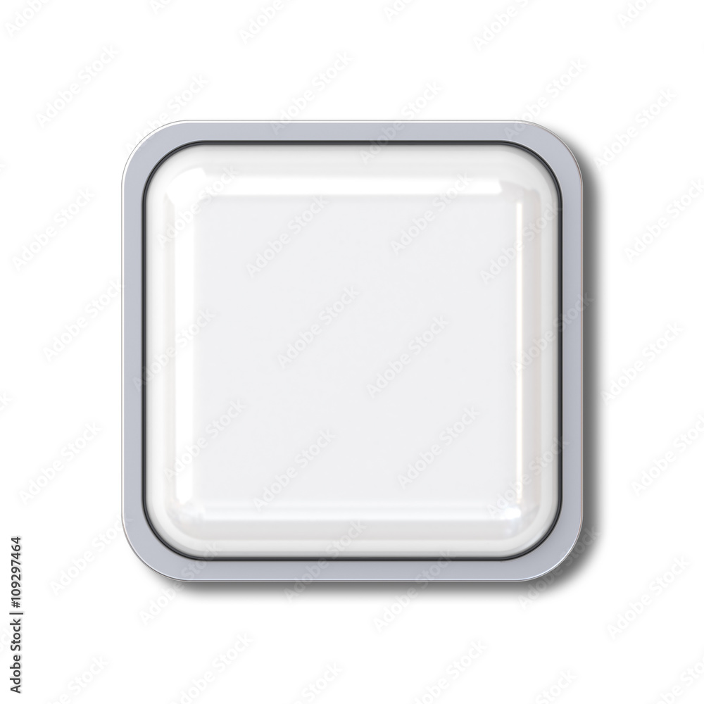 Aufkleber Blank 3d square button with chrome metal frame isolated over white background with shadow. 3D rendering.