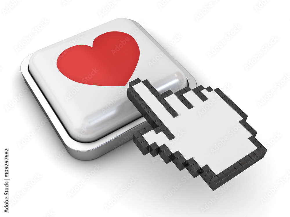 Poster Love button and hand cursor isolated on white background with shadow