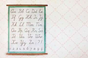 School poster with the alphabet in front of retro wallpaper