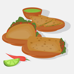 Mexican traditional food set, traditional cusine of Mexico, latino fast food menu takos, burrito