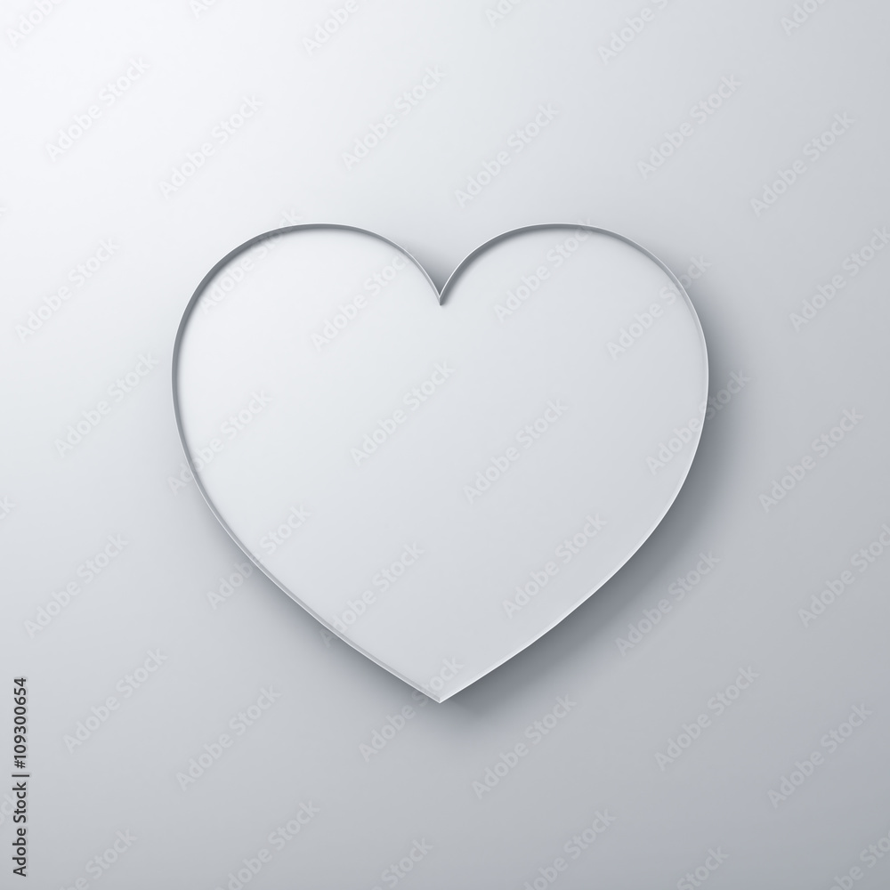 Poster White heart shape on white wall background with shadow. 3D rendering.