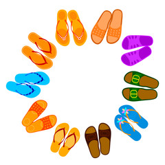 Plenty of colorful flip flops on a white background. Beach concept. Spanking isolate. Different Colored shl?pki - element for your design. Stock Vector