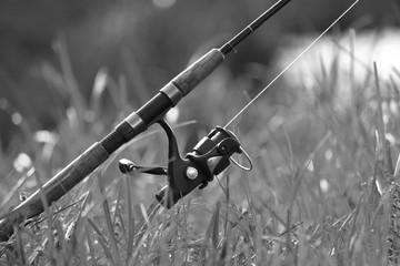 Fishing with rod on lake, black and white photo