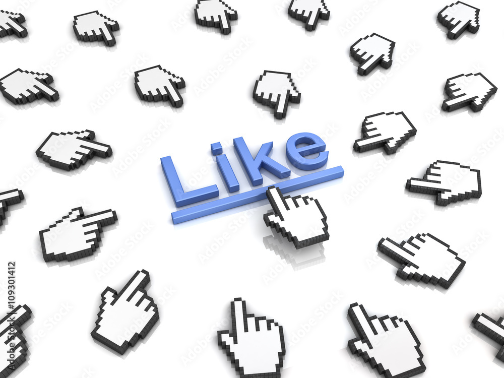 Aufkleber Like concept many hand cursors mouse clicking like button or link on white background with reflection