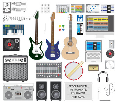Big set of musical instruments, equipment and icons. Editable vector illustration