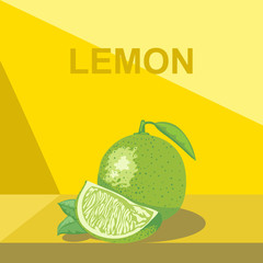 A whole big ripe lemon with green leaves and a half lemon on a table, digital vector image.