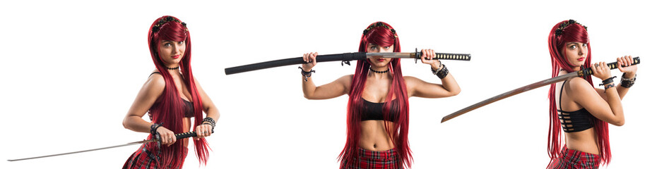 Young redhead girl with katana © luismolinero