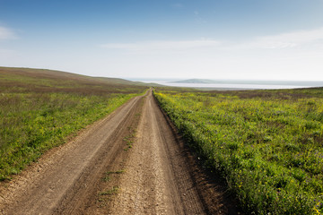 Fototapeta na wymiar Dirt road in field leading to the sea