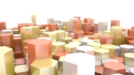 Abstract looping clip of gold, silver and bronze hexagonal blocks in a honeycomb formation rising and falling randomly. - Powered by Adobe