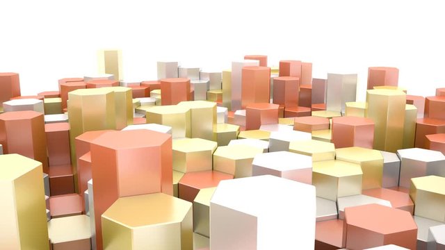Abstract looping clip of gold, silver and bronze hexagonal blocks in a honeycomb formation rising and falling randomly.