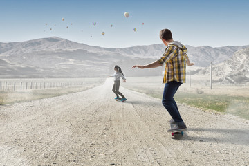 Young people riding skateboard