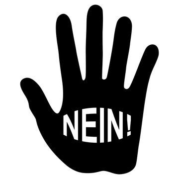Warnend erhobene Hand mit dem Schriftzug NEIN! – schwarz-weiß / Vektor / freigestellt