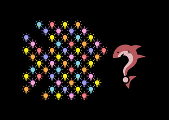 Multicolor small light bulbs grouped into a big fish shape to eat question mark shaped shark on black background. Represents gathering small ideas to solve big problem.